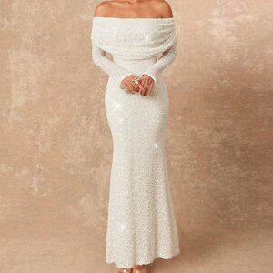 Apricot Elegant Women's Off-Shoulder Long Sleeve Dress